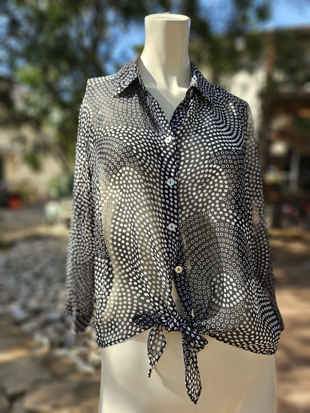 Chico's Polka Dot Tie-Front Button Down Shirt Sheer Black & White Size 0